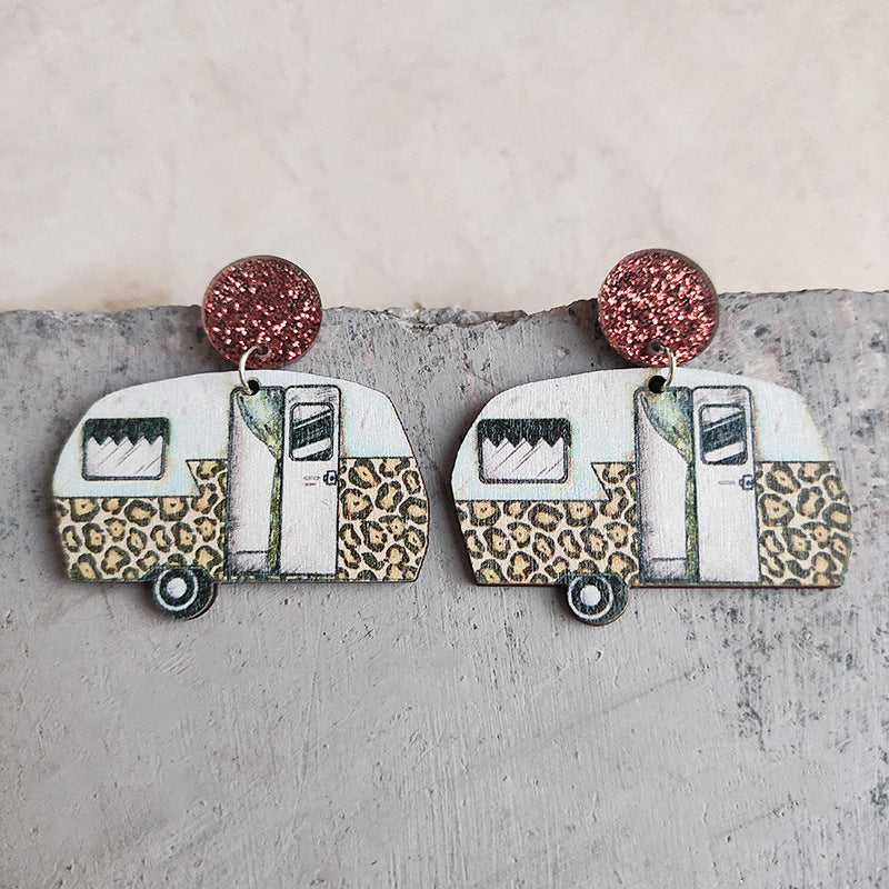 Wholesale American Independence Day Leopard Print Small Flower RV Camping Wooden Earrings
